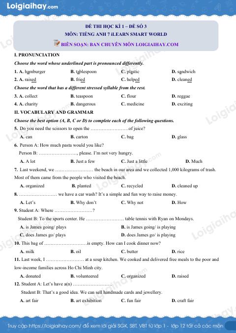 Đề thi học kì 1 Tiếng Anh 7 iLearn Smart Wolrd - Đề số 3